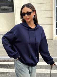 SHEIN EZwear 休闲简约豹纹星星图案套头连帽衫，宽松保暖内衬，适合女士，适合秋冬季 - 藏蓝色 - 查看 4