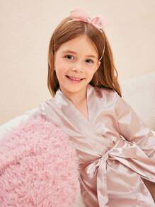 Girl Pajamas - Beige Solid Color Long Sleeve Robe Loungewear, Mommy And Me Matching Outfits (3 Pieces Sold Separately)