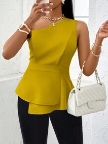 Zolique One Shoulder Ruched Asymmetric Hem Top - Yellow - View 6