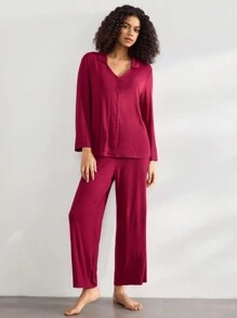 Ocili Conjunto de ropa de estar en casa de mujer de un solo pecho de unicolor con manga larga y pantalones holgados, conjunto de ropa cómoda para temporada de vacaciones, ropa de otoño e invierno - Burdeos - Ver 7