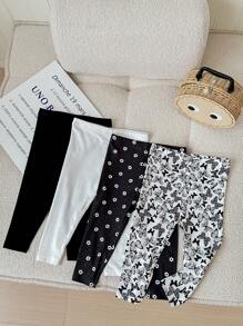 SHEIN LMoss Kids LMoss 4 件套女婴可爱卡通印花紧身弹力腰休闲裤套装 - 黑與白 - 查看 1