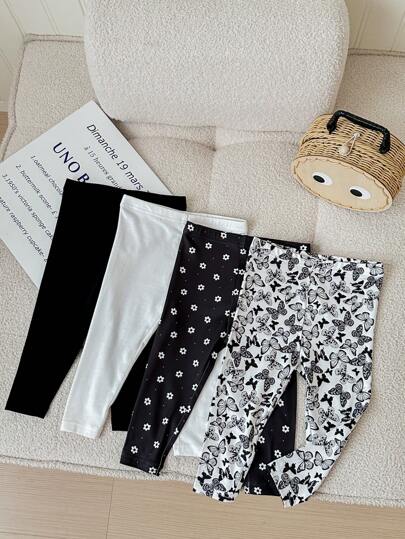 SHEIN LMoss Kids LMoss 4 件套女婴可爱卡通印花紧身弹力腰休闲裤套装