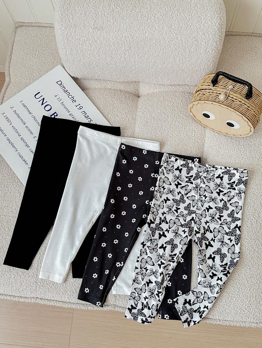 SHEIN LMoss Kids LMoss 4 件套女婴可爱卡通印花紧身弹力腰休闲裤套装 - 黑與白 - 查看 1