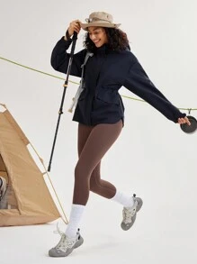 In My Nature In My Nature Women Solid Color Drawstring Hooded Waist Outdoor Jacket