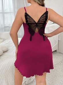 Plus Size Backless Butterfly Embroidery Nightgown - Hot Pink - View 4