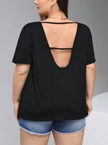 SHEIN Essnce Camiseta negra de escote en V y espalda descubierta para mujer de talla grande, camiseta entallada para volver al colegio - Negro - Ver 4