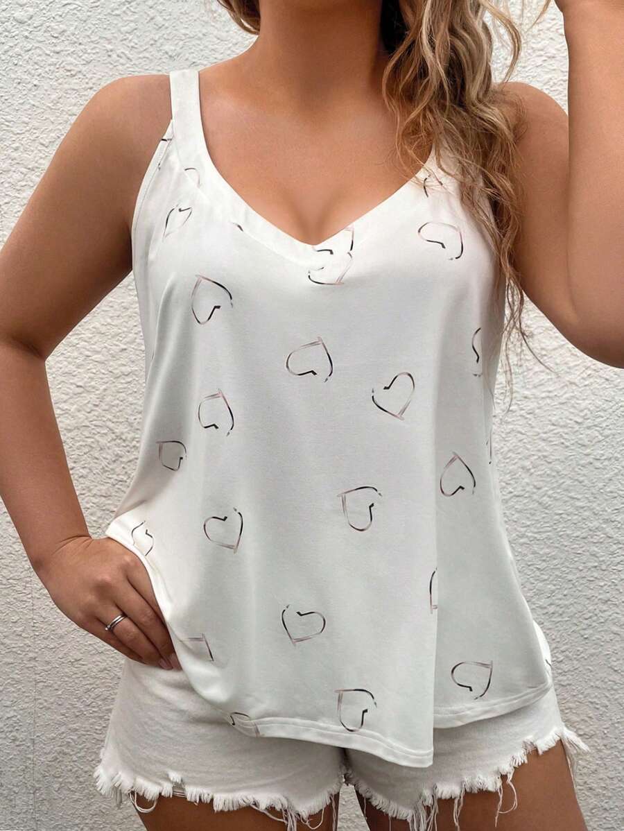 SHEIN LUNE Top de tirantes con estampado de corazones para mujer de talla grande para el verano - Beis - Ver 1