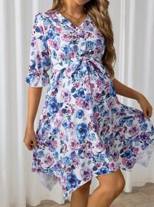 SHEIN Đầm thường ngày họa tiết hoa đơn giản cho bà bầu - Nhiều màu - Xem 4