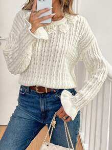 SHEIN LUNE Women Spring And Summer Casual Solid Color Sweater With Three-Dimensional Flowers, Knit Pullover Fall Winter - Beige - View 5