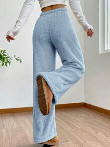 Muchica Women's Solid Color High Waist Drawstring Fluffy Wide Leg Loose Pants - Blue - View 3