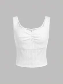 SHEIN Teen Girls' Solid Color Ribbed Knit V-Neck Sleeveless Casual Sweater Tank Top - Beige - View 1