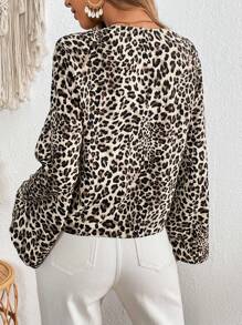 SHEIN VCAY Vacation Rayon Woven Leopard Print Open Front Long Sleeve Regular Blouse For Women,Long Sleeve Tops - Khaki - View 2