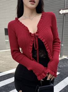 Joudiya 女士情人节荷叶边红色开衫，秋装 - 紅色 - 查看 11