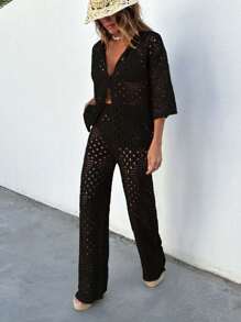 RueChic 2pcs/Set String Drawstring Deep V-Neck Hollow Sheer Cover Up Top And Pants, For Summer Beach Vacation - Black - View 4