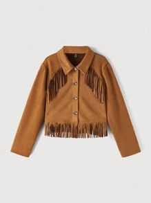 SHEIN MOD Chaqueta para mujer de talla grande con cuello, manga larga, patchwork, flecos
