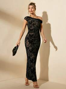 SHEIN BAE Vestido ajustado negro asimétrico con fruncido para mujer, vestido de verano descubierto del hombro, vestido largo de otoño