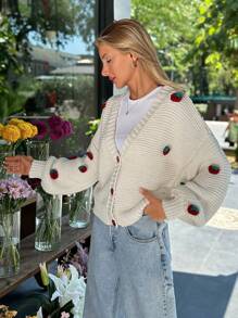 EURMUSE Women Handmade Strawberry Accessory Front Button Drop Shoulder Cardigan - Dusty Pink - View 6