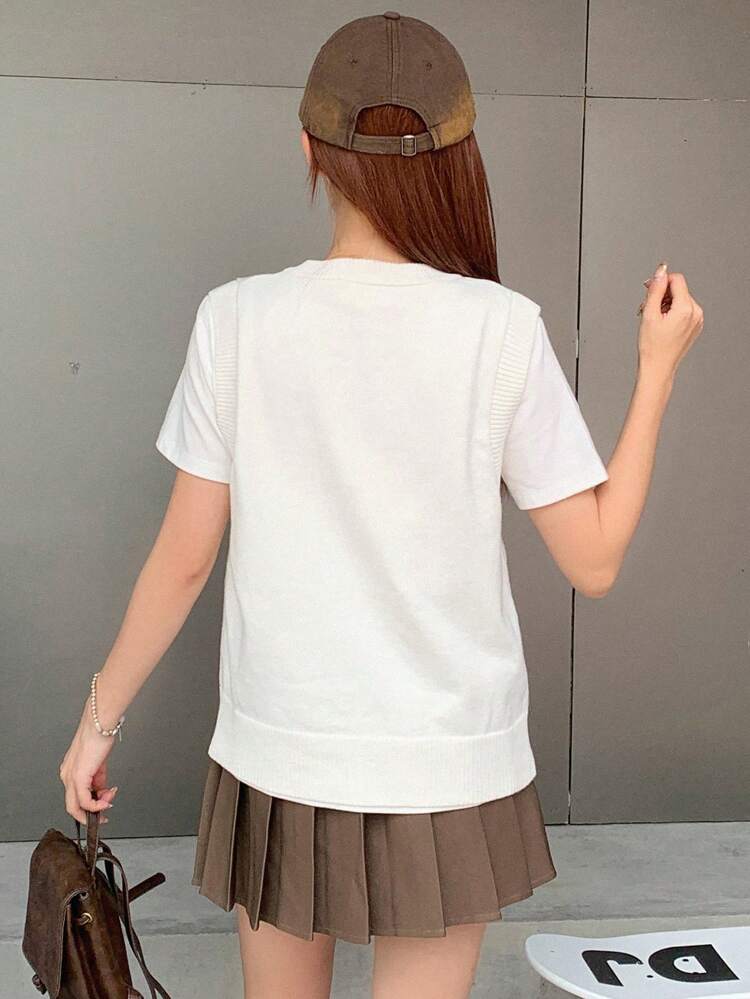 Women Solid Color V-Neck Sleeveless Knitted Top Vest