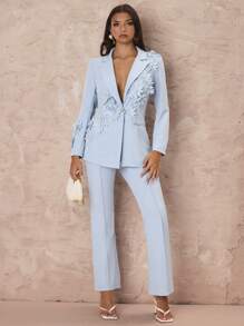 Glamine 女士纯色 3D 贴花装饰简约日常长袖夹克和裤子套装