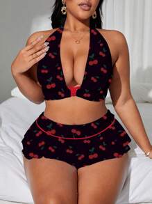 Swim Mod Conjunto de bikini talla grande - Top con escote de halter y espalda descubierta con estampado de toda la prenda y Bottom para playa de verano