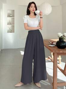 DAZY Textured Elastic Waist Loose Wide Leg Maxi Pants For Women,Fall Clothes,Teacher Pants - Grey - View 2