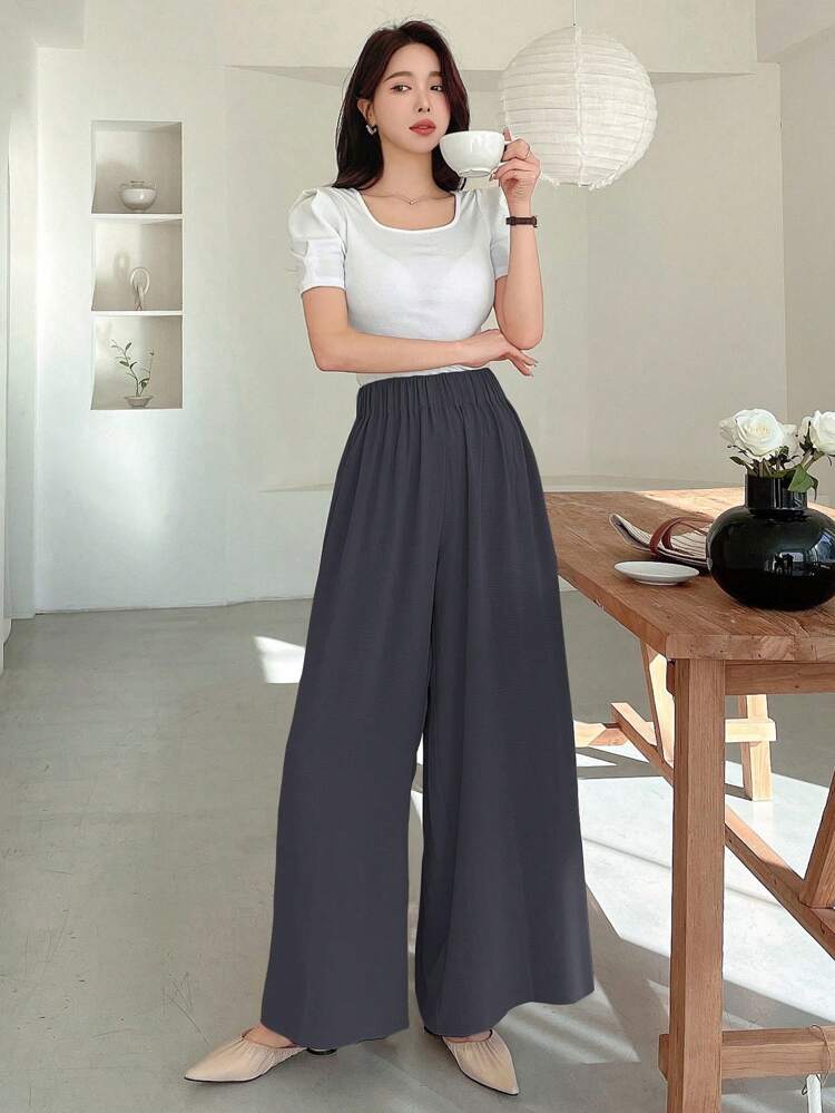 Textured Elastic Waist Loose Wide Leg Maxi Pants For Women,Fall Clothes,Teacher Pants