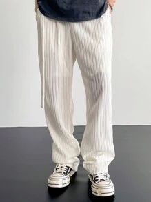 Claim Dot Men's Solid Color Side Buckle Loose Straight Casual Pants - White - View 2