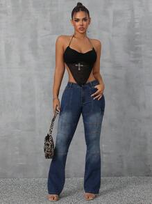 SHEIN SXY Women Button Belt Loop Pocket Straight Casual Fashion Street Style All-Match Jeans - Blue - View 5