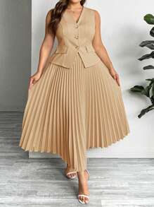 SHEIN Privé Sleeveless Blazer + Long Pleated Skirt Plus Size Business Set - Khaki - View 7