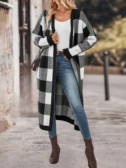 SHEIN LUNE Casual Checkerboard Pattern Long Cardigan With Pockets Fall Sweaters
