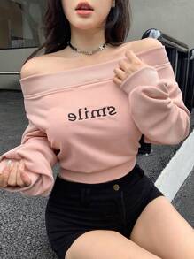 DAZY Autumn/Winter Off Shoulder Sweatshirt With Embroidered Letter, Street Style, Thermal Lined, Suitable For Valentine's Day - Pink - View 4