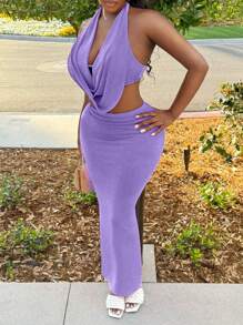 BamGleam Women Sexy Crowl Halter Top V-Neck Cami Top And Maxi Skirt Two Pieces Set For Club Party Outfit - Purple - View 3