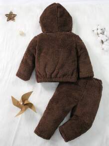 Set de 2 piezas de ropa de estar en casa informal para bebés niños con pantalón largo marrón de felpa y top de manga larga