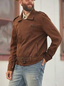 RivetRise Áo khoác denim hình hộp bằng da PU màu nâu phong cách retro Y2K dành cho nam - màu nâu - Xem 3