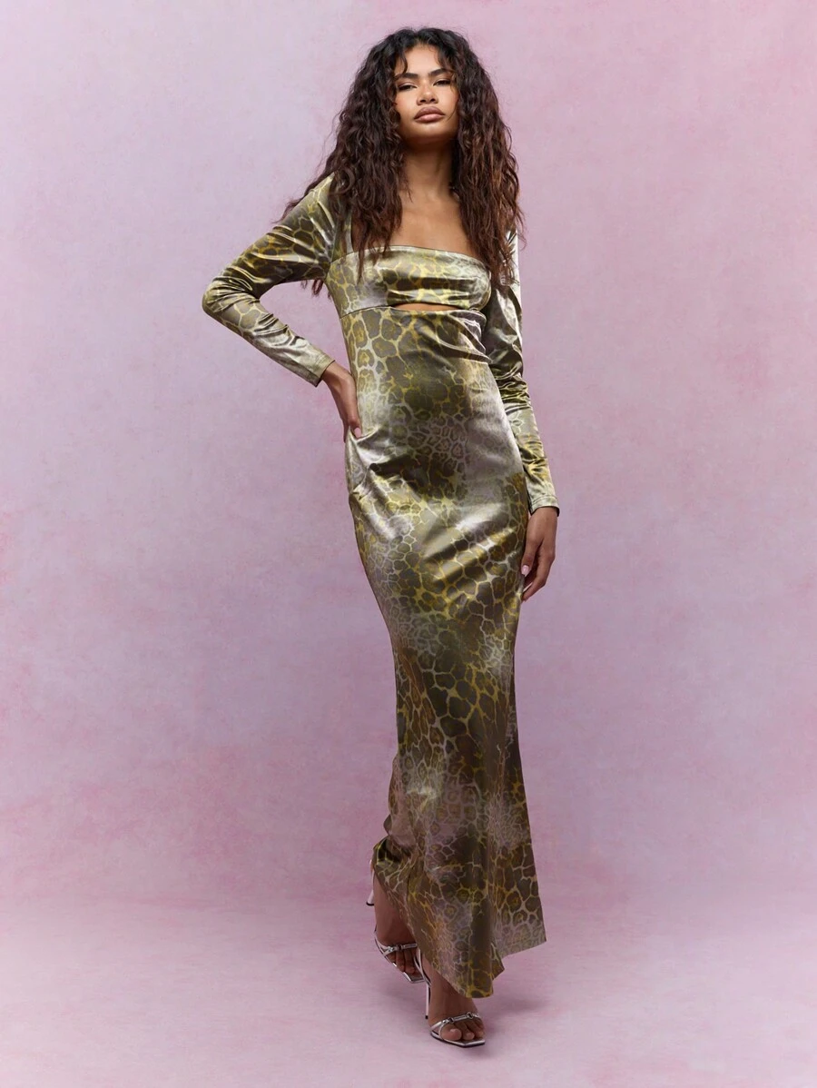 MISSGUIDED Animal Print Satin Cut-Out Long Sleeves Flared Hem Maxi Dress - Multicolor - View 1
