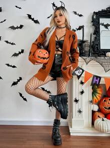 Airlisse 长袖休闲南瓜图案开衫，女式万圣节服装，长袖上衣