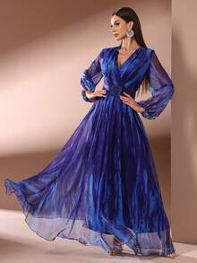 Women V-Neck Simple Daily Long Mesh Sleeve Dress (Floral Pattern Randomly Cut) - Blue - View 4