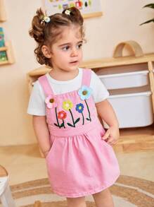 SHEIN 1 pièce Ensemble de robe à bretelles et jupe avec décor de fleurs 3D brodées pour bébé fille - Rose bonbon - Voir 6