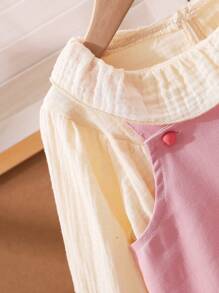女婴休闲网眼撞色吊带连衣裙配长袖衬衫套装，春秋装 - 粉色 - 查看 3
