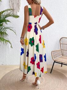 SHEIN Clasi Đầm Maxi Không Tay Cổ Vuông In Hoa Cho Nữ Trang Phục Nữ - Màu be - Xem 2