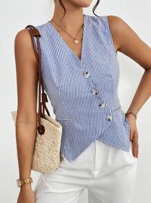 SHEIN Frenchy Camisa feminina de linho e algodão de cor sólida para o verão, estilo terno, ideal para férias e casamentos, estilo boho chic casual, minimalista, com decote em V drapeado e sem mangas, com detalhes de botões decorativos. Blusa elegante e romântica, peça essencial branca, perfeita para o verão e para a temporada de casamentos, com estilo cottagecore, clássica, para professoras, fashion, para a volta às aulas e para o outono. - Azul e branco - Ver 3