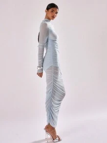 MUSERA Sexy Sheer Mesh Ruched Detail Long Dress Elegant Spring Summer Vacation Party Sheer Wedding Guest