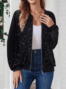 EMERY ROSE Women's Simple Long Sleeve Sequin Decorated Jacket