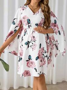 SHEIN Maternity Flower Print V-Neck Poncho Sleeve Simple Everyday Dress
