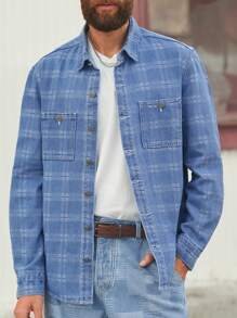 Manfinity Homme Retro American Casual Men's Light Blue Plaid Loose Denim Shirt - Light Wash - View 3