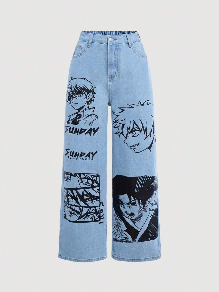 SHEIN Ropa casual de moda para chico adolescente, diseño de patrón de personaje de dibujos animados azul cómodo y suelto, vaqueros y ropa diaria y de vuelta al colegio para niño - Azul - Ver 1