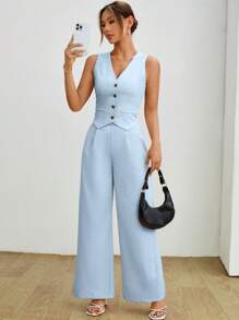 SHEIN PETITE 女士条纹两件套夏季马甲套装两件套 - 淺藍色 - 查看 6