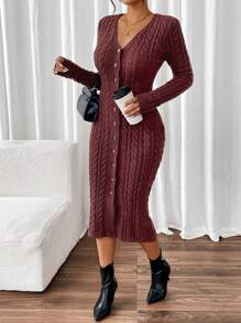 Chiquease Damen Einfarbiges Pulloverkleid mit V-Ausschnitt und Knöpfen vorne, Langarm - Kaffeebraun - Übersicht 6