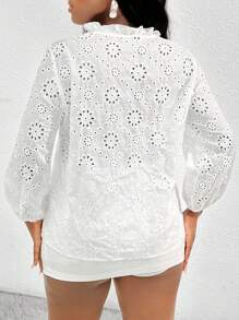 SHEIN SXY 女式假日休閒純色中空刺繡燈笼袖襯衫 - 藍白色 - 查看 2