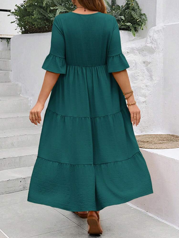 Plus Size Women's Deep V-Neck Ruffle Sleeve Multi-Tiered Hem Long Yellow Dress For Summer